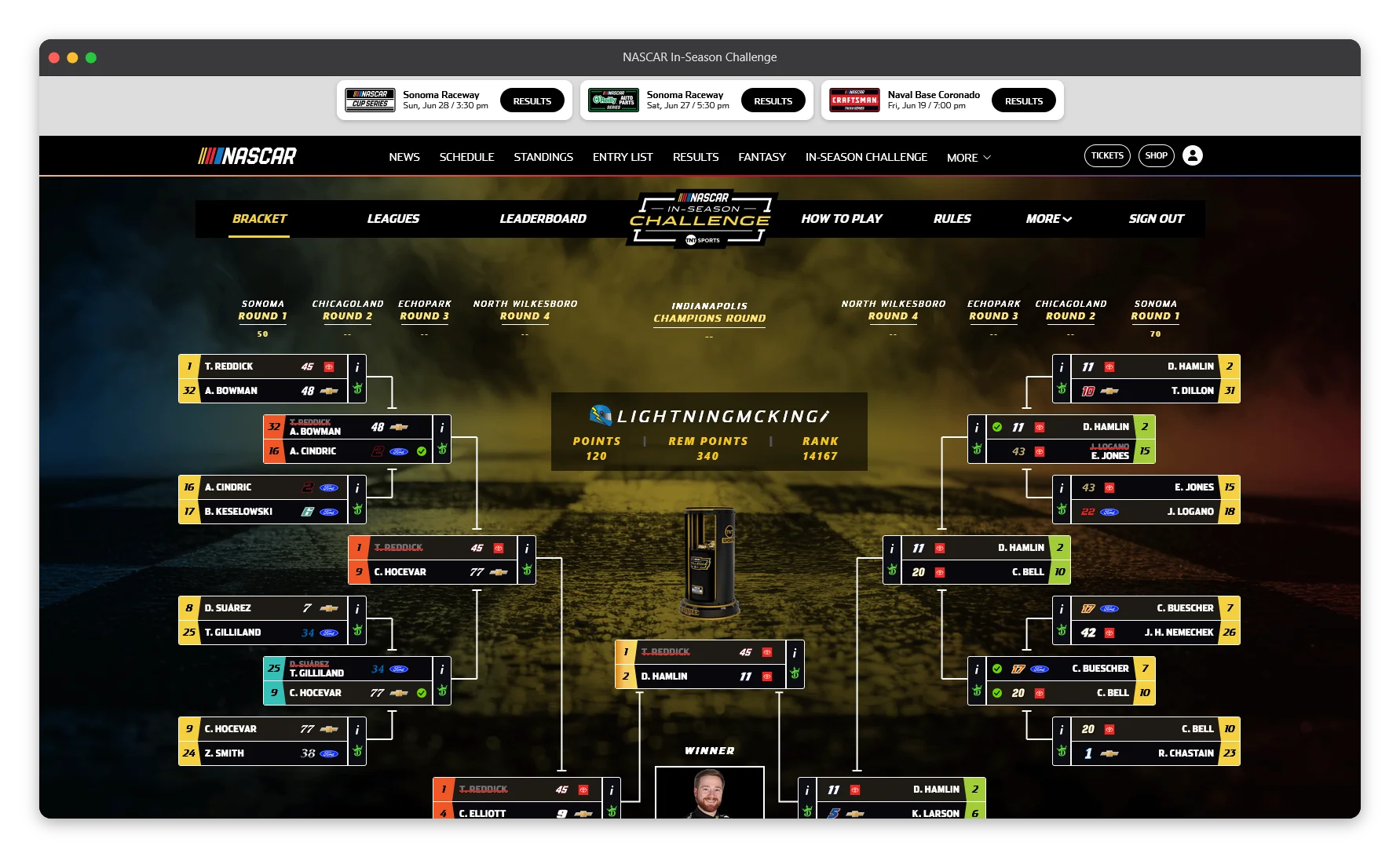 The main bracket view for In-Season Challenge